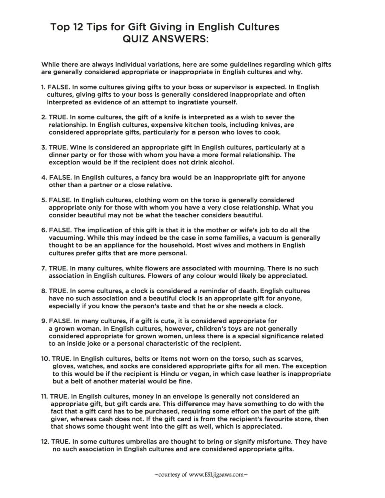 Soft Skills Top 12 Tips for Gift Giving in English Cultures ESL Jigsaws